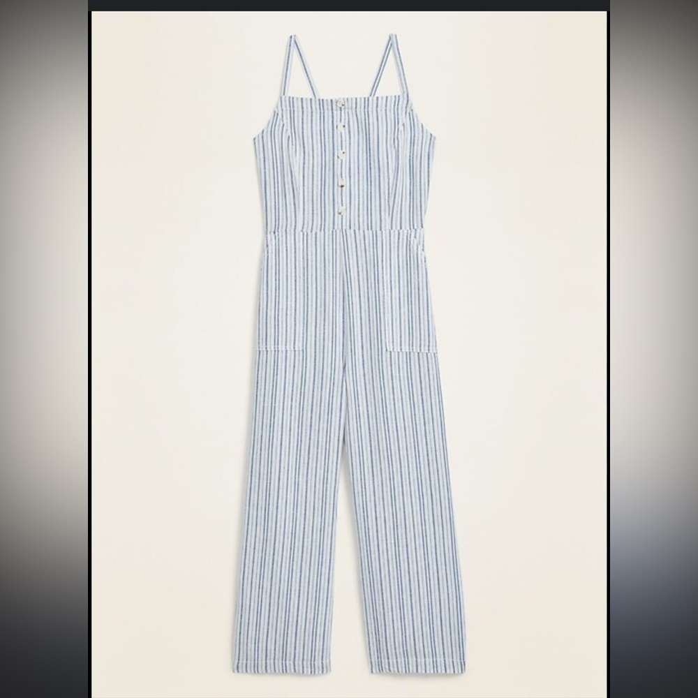 Old Navy Blue and White Striped Linen-Blend Jumpsuit
